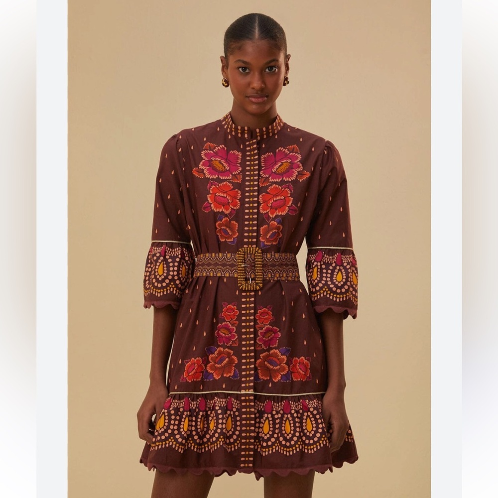 Bright Flora Brown Short Sleeve Mini Dress